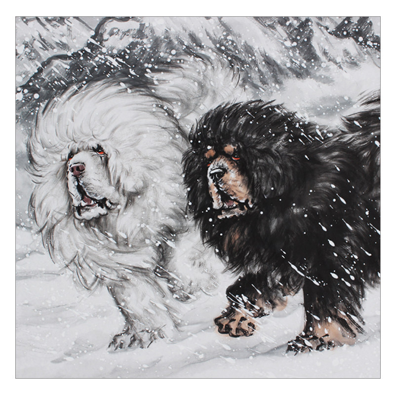 王贵邱《五獒旺财图》 当代藏獒画家 大幅精品