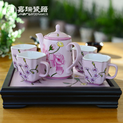 中式花鸟茶具 手工彩绘创意实木陶瓷茶具  古典花卉装饰整套茶具