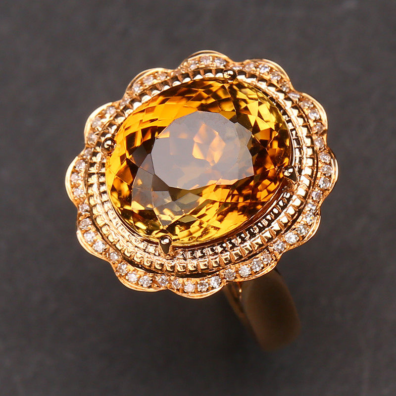 裸石重7.8ct 天然金丝雀黄碧玺戒指 18k金镶嵌天然钻石