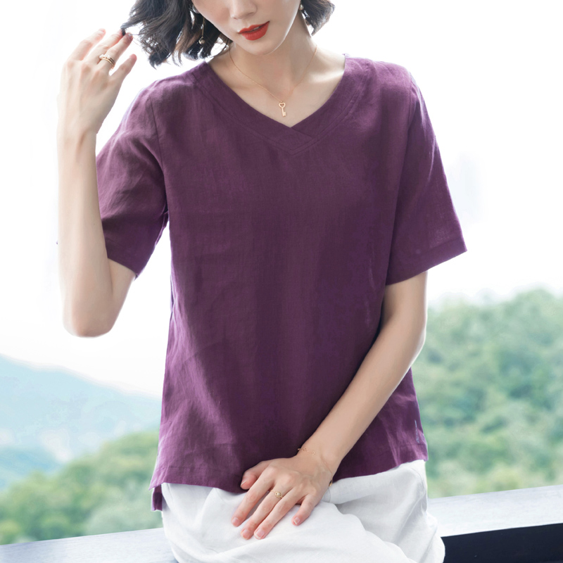 夏季新款宽松短袖v领大码短款纯亚麻上衣棉麻苎麻打底衫紫色t恤