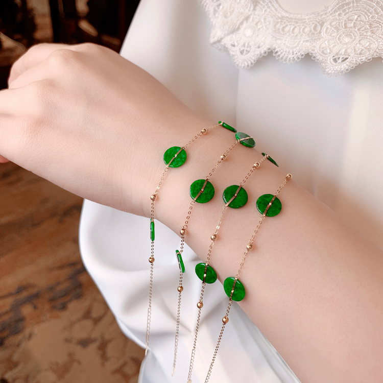 冲双皇冠限量抢购 翡翠平安扣k金手链  嘻嘻珠宝