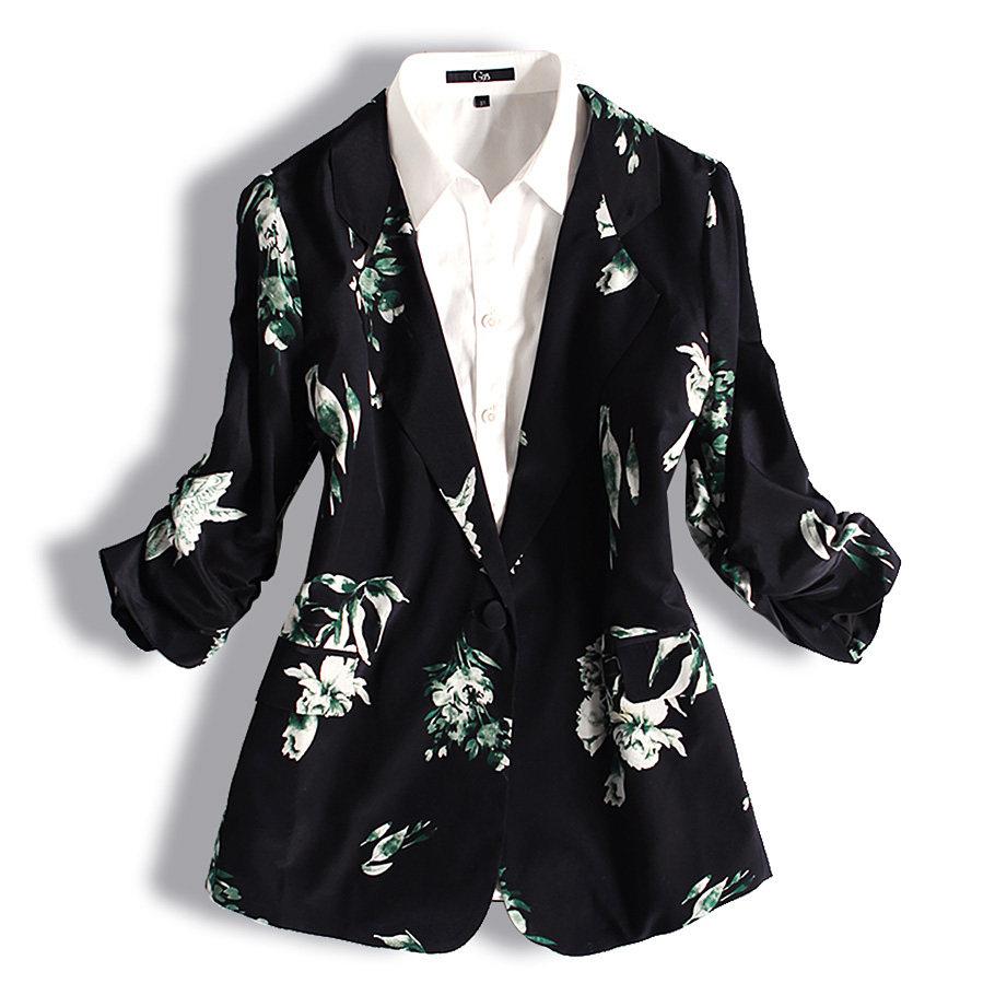 真丝花西装外套女重磅双绉 2022春款空调衫七分袖桑蚕丝薄款西服