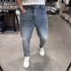 MOODKEE夏季美式复古浅蓝色牛仔裤男修身弹力水洗九分裤薄款潮流