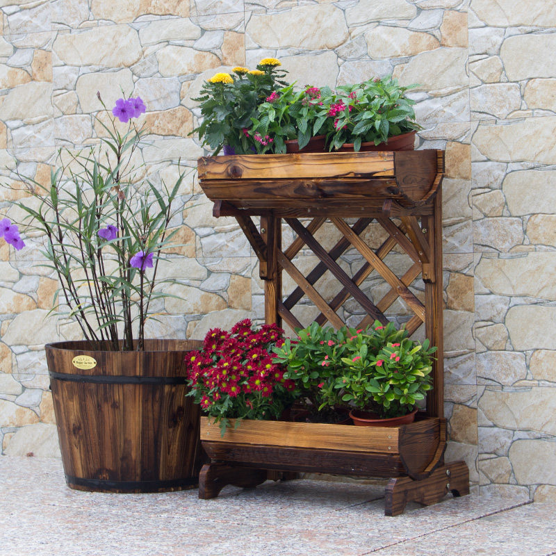 阳台花架实木两层花架落地式防腐木碳化室内植物网格盆栽花盆架子