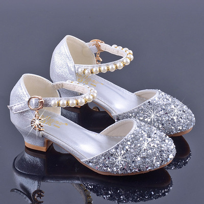 女童公主鞋高跟单鞋闪亮舞台走秀演出皮鞋配礼服裙儿童银色水晶鞋