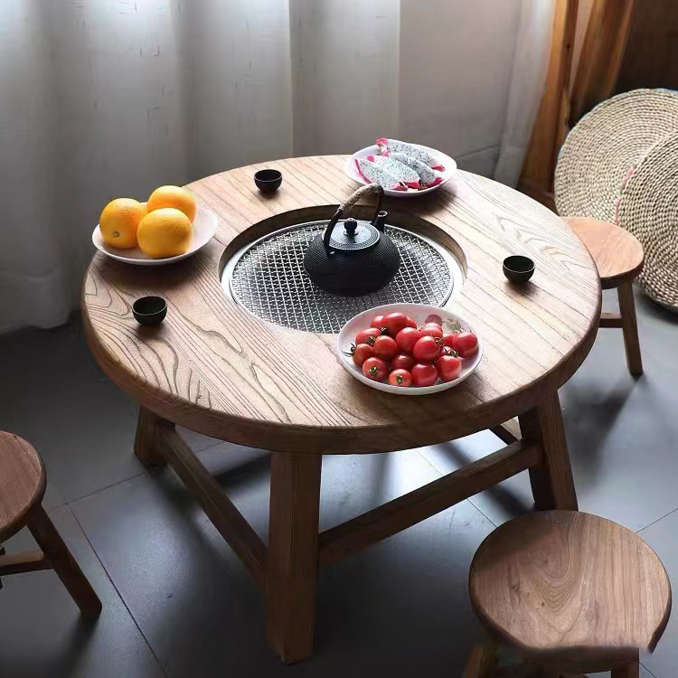 老榆木烤火围炉炭炉煮茶桌火盆室内小圆桌烤炉煮茶桌专用椅子小型