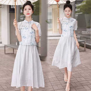 新中式国风套装裙女2024新款夏季复古短袖旗袍搭配连衣裙子两件套