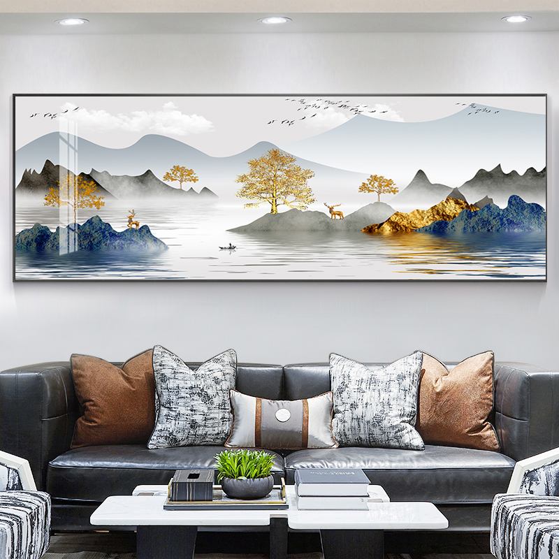 客厅装饰画沙发背景墙画壁画新中式山水挂画晶瓷镶钻办公室轻奢画