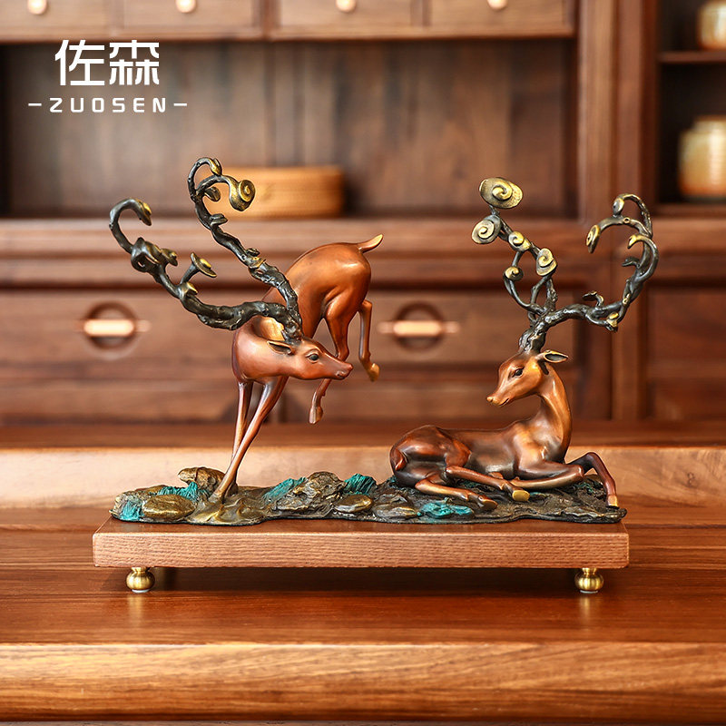 佐森 客厅中式铜鹿摆件工艺品桌面家居创意双鹿摆设办公桌装饰品