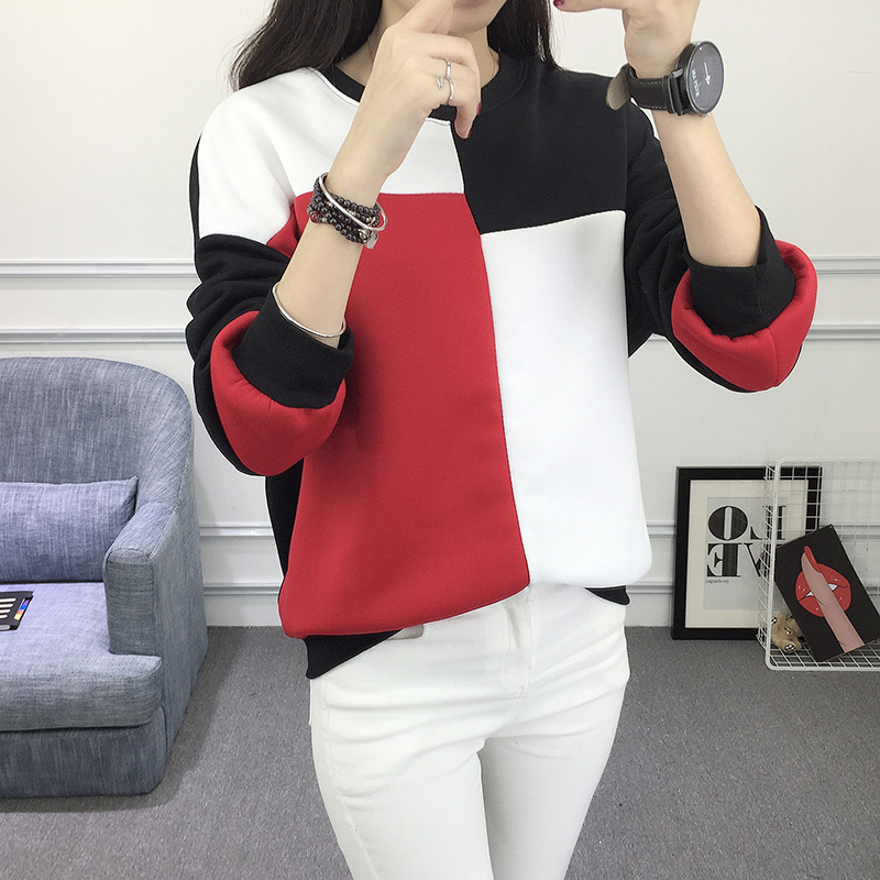 2017秋季原宿風ulzzang寬松撞色拼接套頭短款chic衛衣女學生韓版