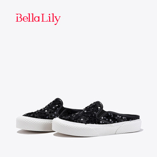 BellaLily2024春季新款黑色亮片半包拖鞋女无后跟帆布鞋休闲板鞋