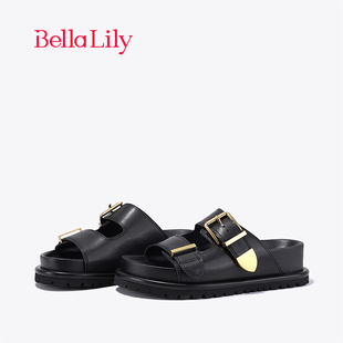BellaLily2024春季新款黑色外穿拖鞋女增高时尚凉拖小个子沙滩鞋