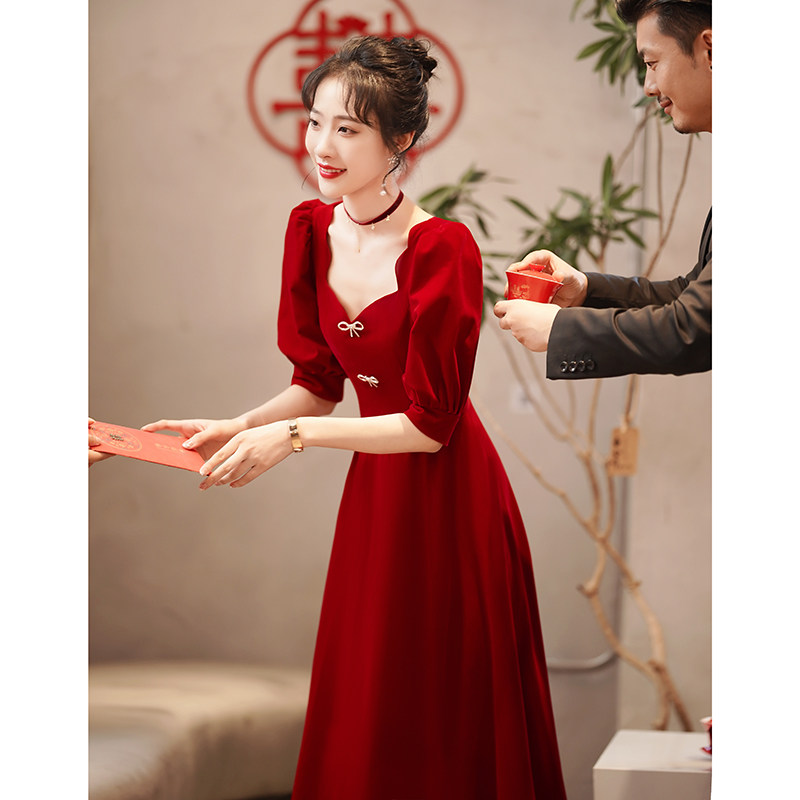 敬酒服新娘2021新款秋季丝绒蝴蝶结订婚回门平时可穿结婚红色礼服