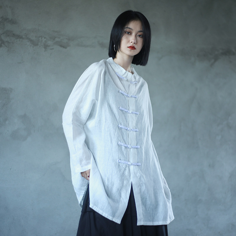 一袭布衣 棉麻女装的优惠券大全—中式对襟衬衫女文艺复古立领盘扣薄