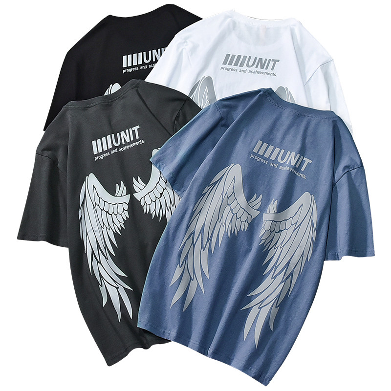 反光翅膀印花短袖t恤个性潮夏季ins宽松韩版男女情侣款纯棉上衣服