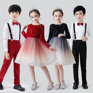 六一儿童演出服女童礼服蓬蓬裙小学生大合唱团红色朗诵表演服装