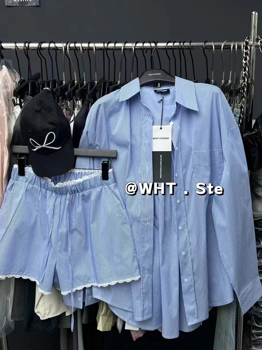 WH JIA夏季新款时尚条纹长袖衬衫外套+花边休闲短裤两件套装女潮