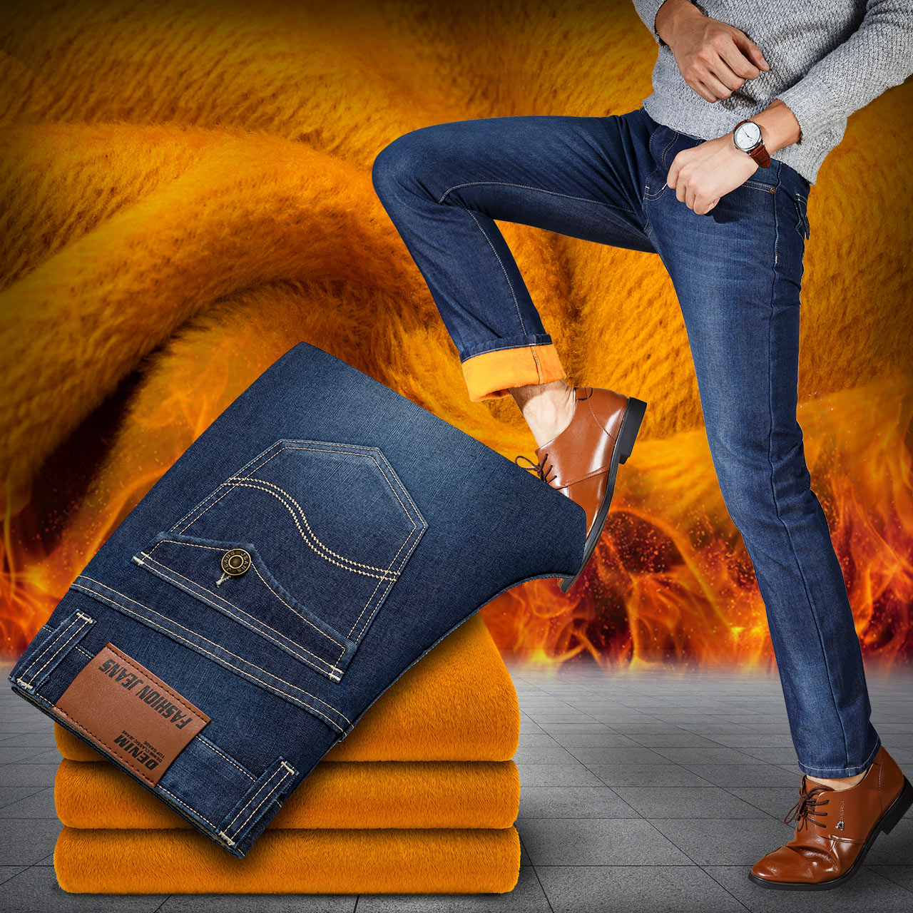 秋鼕加絨商務男士牛仔褲男直筒修身長褲子男時尚牛仔褲子潮男裝