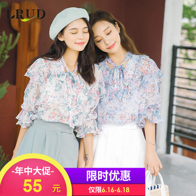 天猫 LRUD 碎花雪纺荷叶边短袖衬衣55元包邮(已降30元)