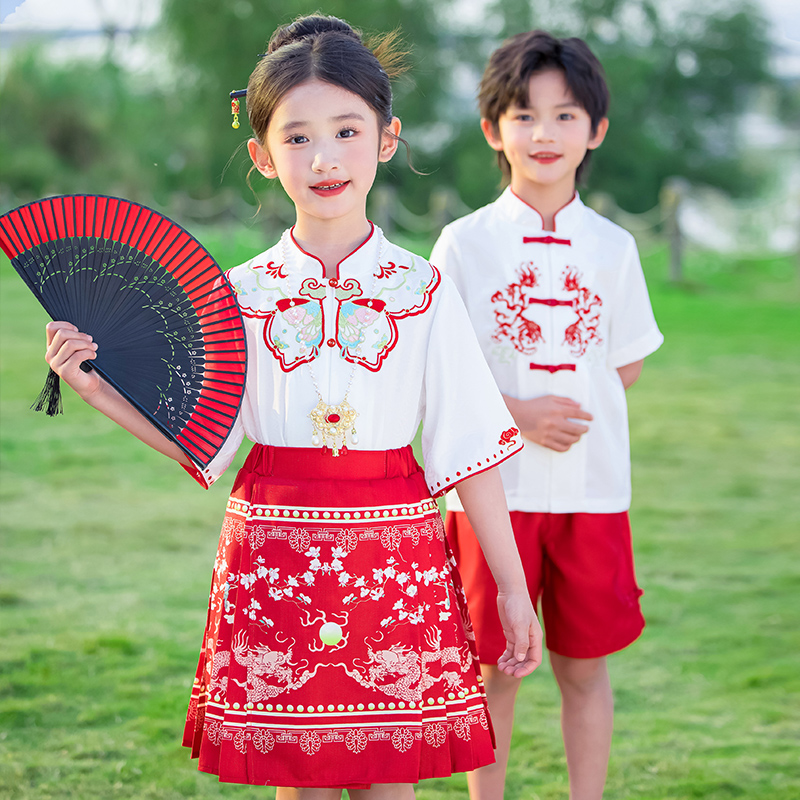 儿童合唱演出服马面裙女童套装中国风表演服装小学生朗诵男童夏装