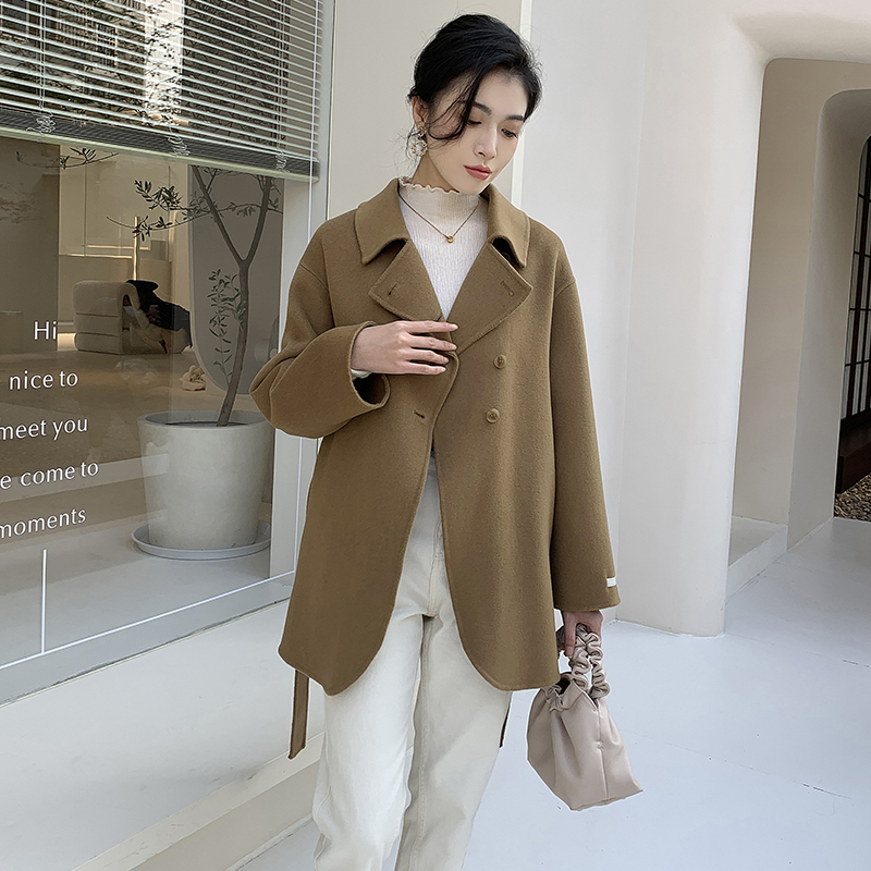 驼色双面羊绒大衣女小个子短款2021年秋冬新款高端100羊毛呢外套