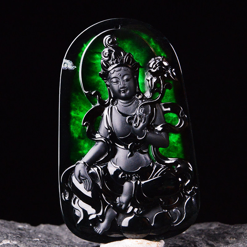 天然缅甸a货翡翠冰种墨翠度母吊坠25.15g