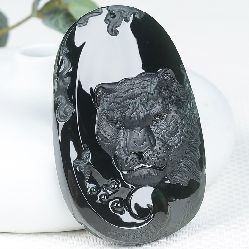 【玉雕大师高嘉作品】天然a货翡翠玻璃种墨翠老虎头吊坠37.4g