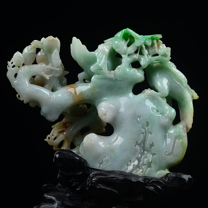 天然缅甸a货翡翠三彩花鸟摆件690g