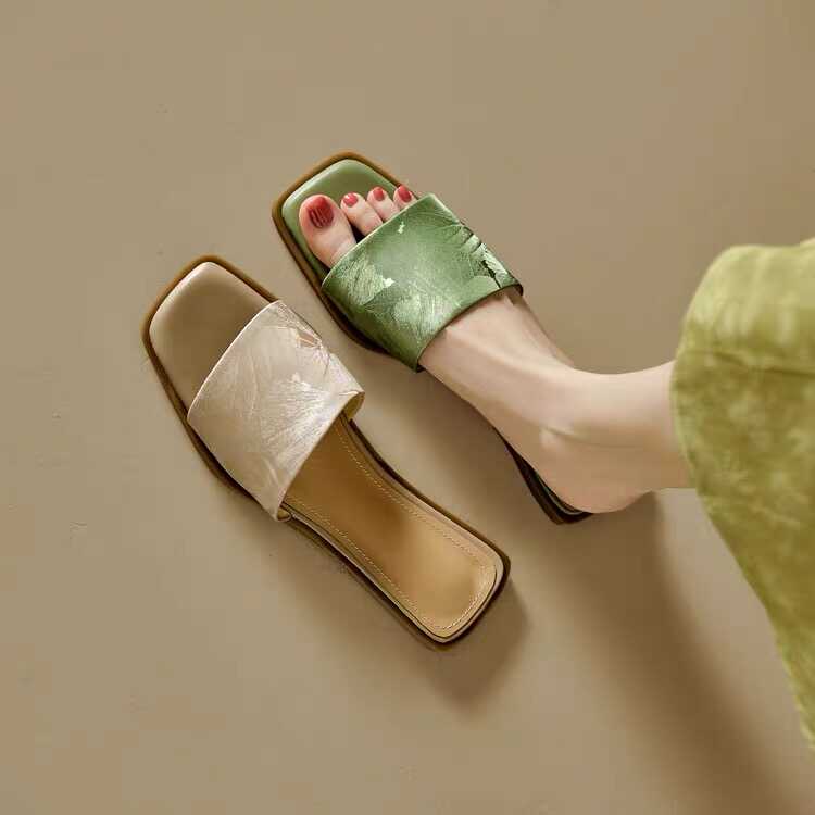 新中式国风平底方头凉拖鞋女夏外穿气质时尚仙女高级感绿色一字拖