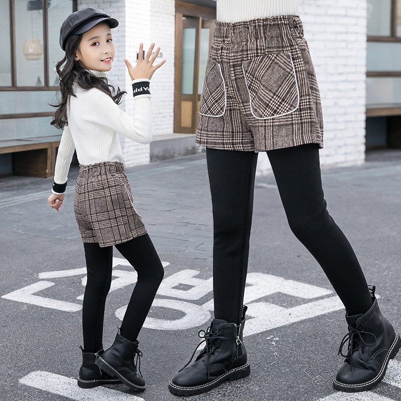 女童裙裤加绒加厚秋冬假两件打底裤靴裤一体绒春秋装皮裤儿童裤裙