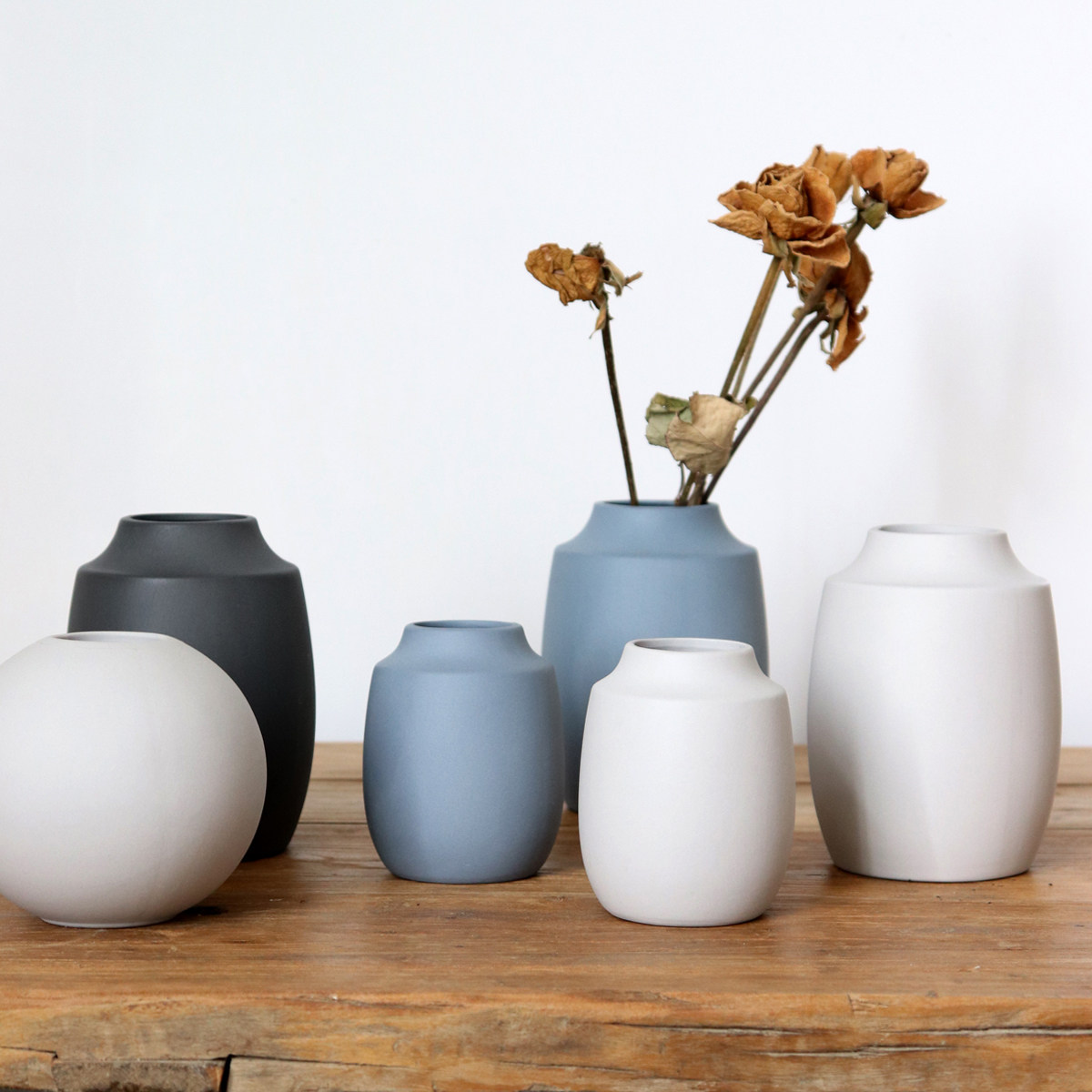 宅物北欧风莫兰迪色哑光组合花瓶小清新书房色土陶瓷水培小花插