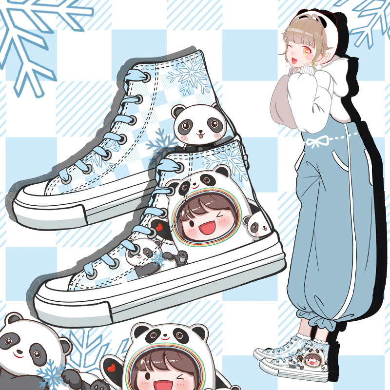 2022春季新款二次元卡通熊猫女孩帆布鞋女高帮可爱学生百搭潮鞋子