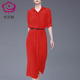 欧美时尚洋气质红色连衣裙女装2024新款中长款修身显瘦遮肚衬衫裙