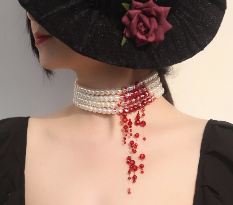 一个人做的颈饰 |吸血鬼咬痕德古拉之吻滴血四层珍珠项链圈可调节
