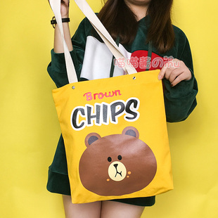 伯爵耳環圖片 韓國ulzzang帆佈手提包卡通棕熊漢堡薯片單肩包手提挎包環保袋 伯爵