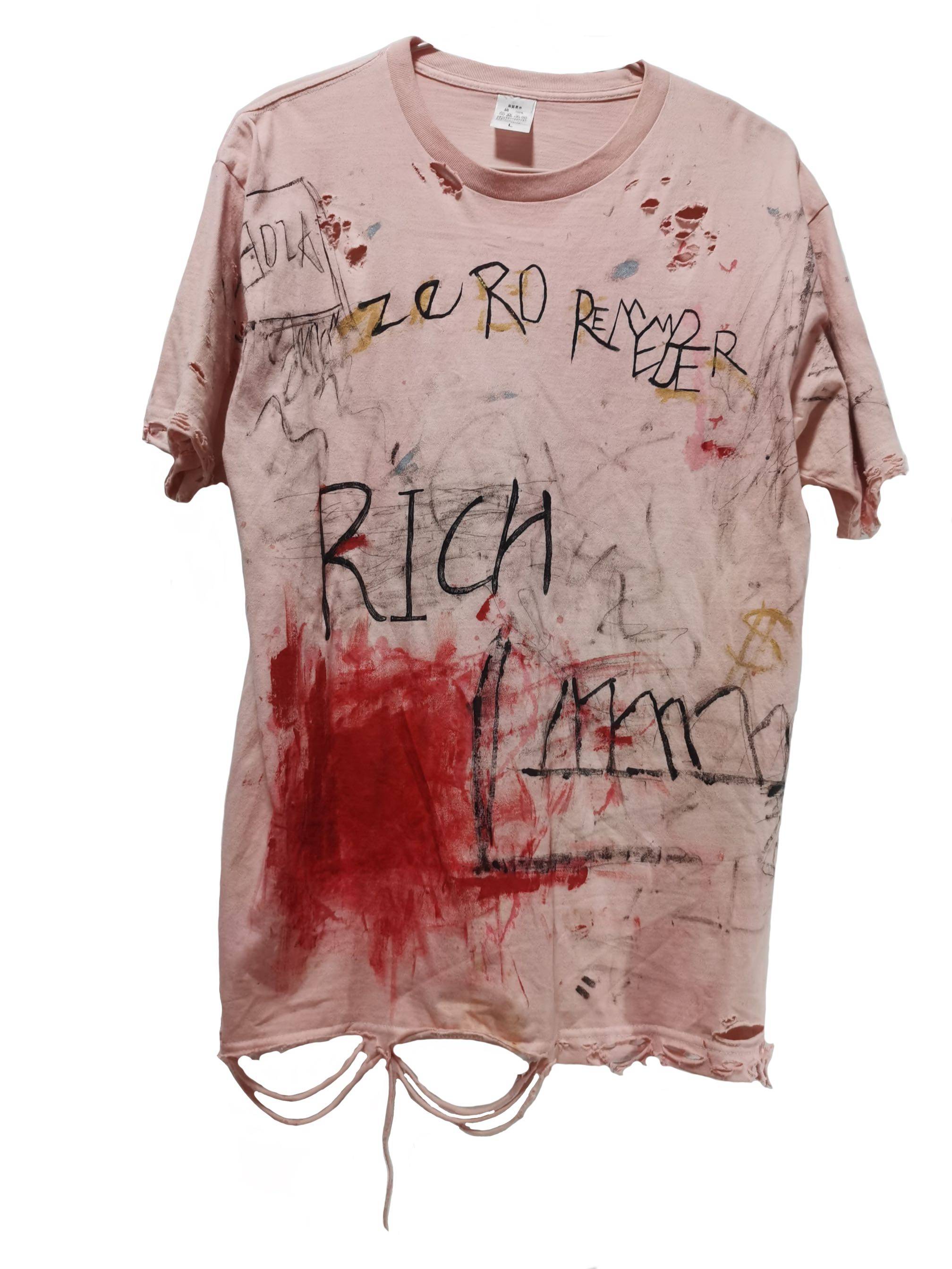 rabbitb手工定制1of1remake涂鸦下摆破坏脏粉短袖t恤