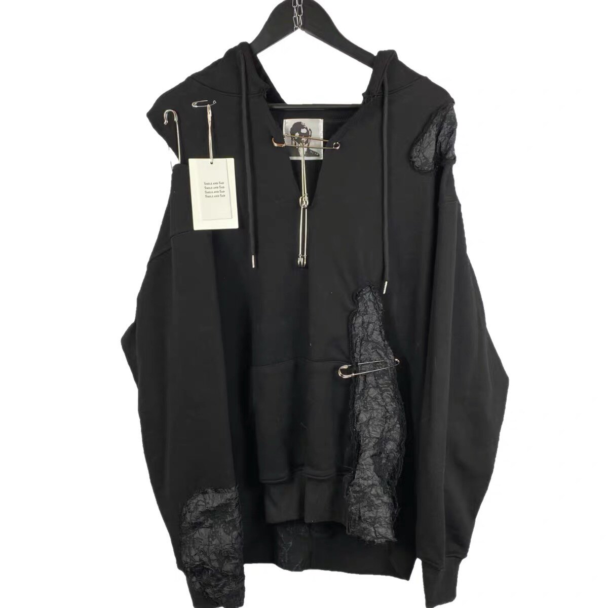 b」1of1 remake廓形皱褶拼接针环破洞连帽卫衣暗黑风格