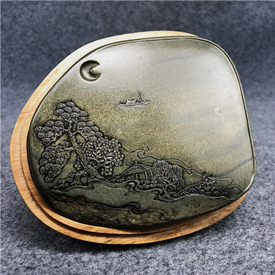 齐美作品《月夜泛舟》济溪古坑鱼子雁湖眉纹歙砚