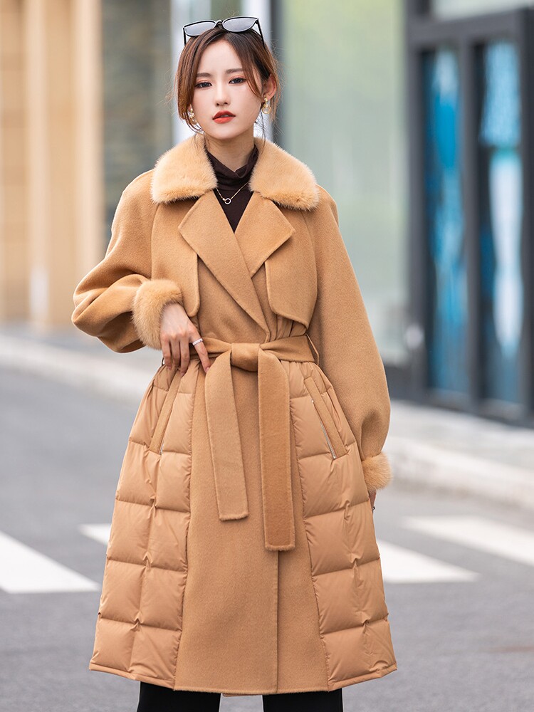 宝姿2022新款进口水貂西装领皮草羽绒服女中长款白鹅绒高端风衣女