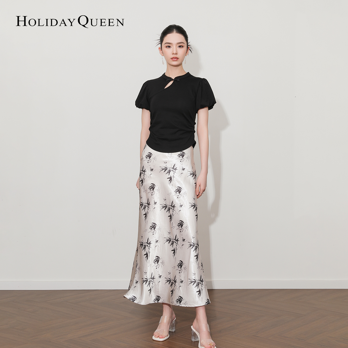 HolidayQueen印花高腰法式优雅半身裙女收腰显瘦气质光泽感鱼尾裙