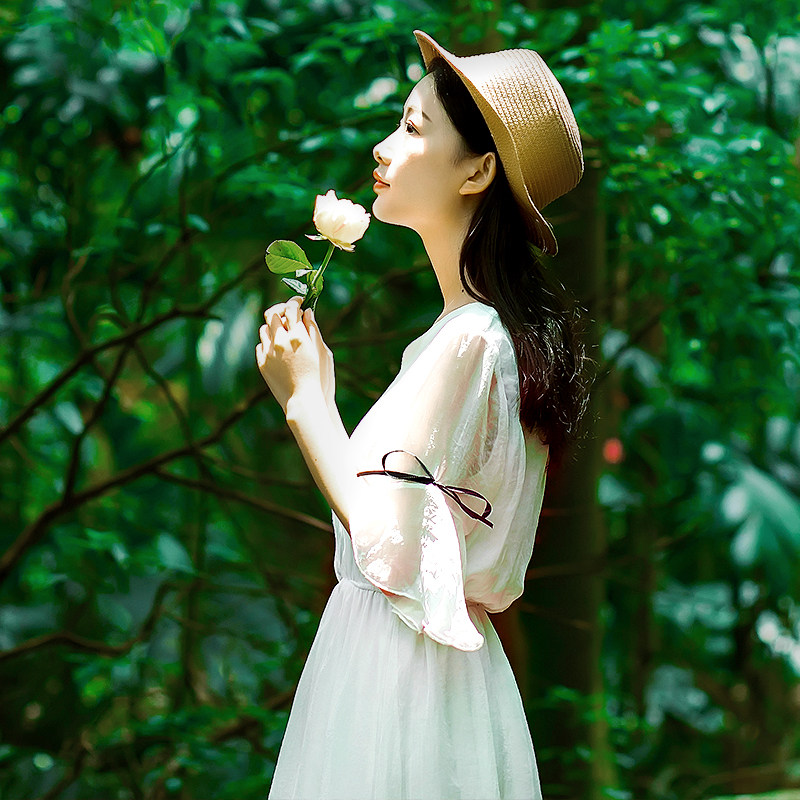 及踝长裙女大学生夏chic复古森系00后仙气大摆浅色系带连衣裙超仙