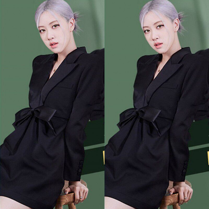 欧洲blackpinkrose朴彩英同款黑色长袖蝴蝶结西装连衣裙西装