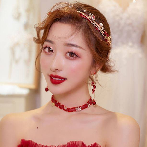 新娘头饰红色f敬酒服发饰2020新款简单大气结婚超仙美婚饰发箍秀