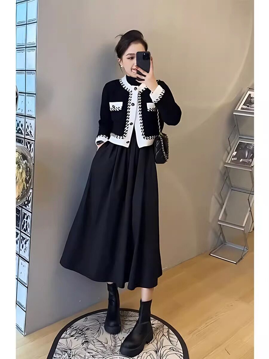 时尚套装2023秋季新款小香风外套毛衣女开衫连衣裙网红炸街两件套