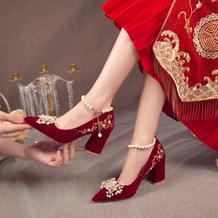粗跟结婚鞋女2024年新款红色春季中式秀禾婚纱两穿新娘高跟不累脚