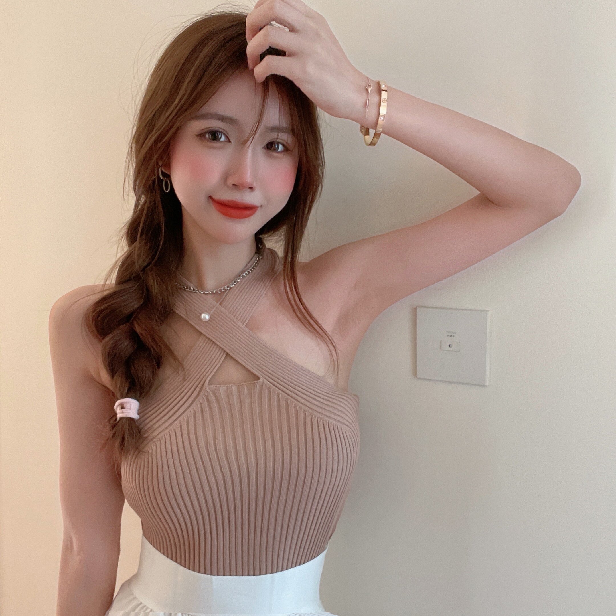 实拍实价 设计感挂脖吊带背心女ins镂空露脐上衣 高腰半身裙