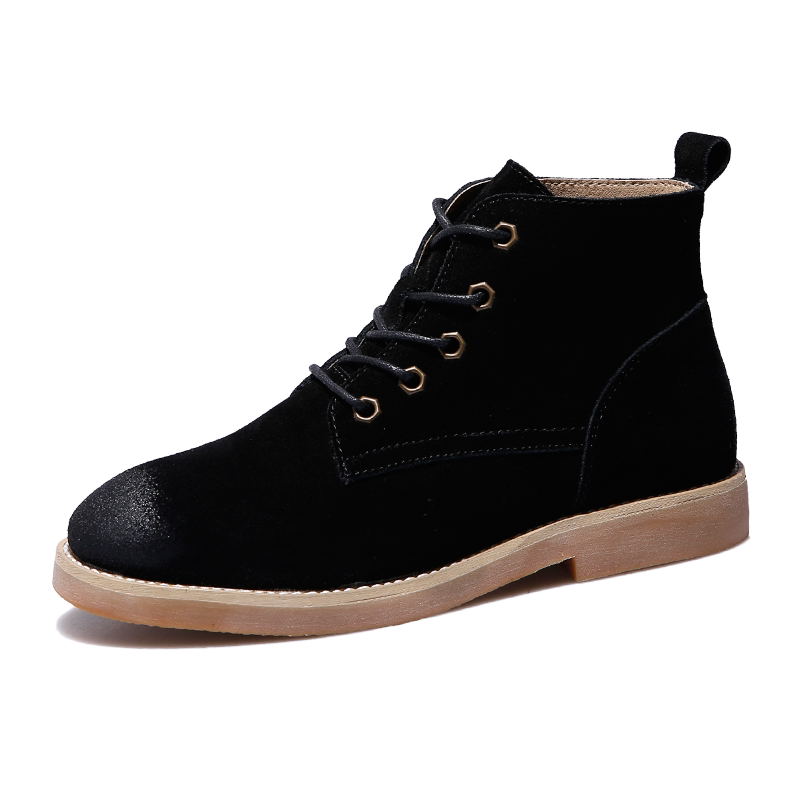 翻毛皮马丁靴女英伦风春秋单靴系带圆头平底磨砂牛皮短靴森系靴子