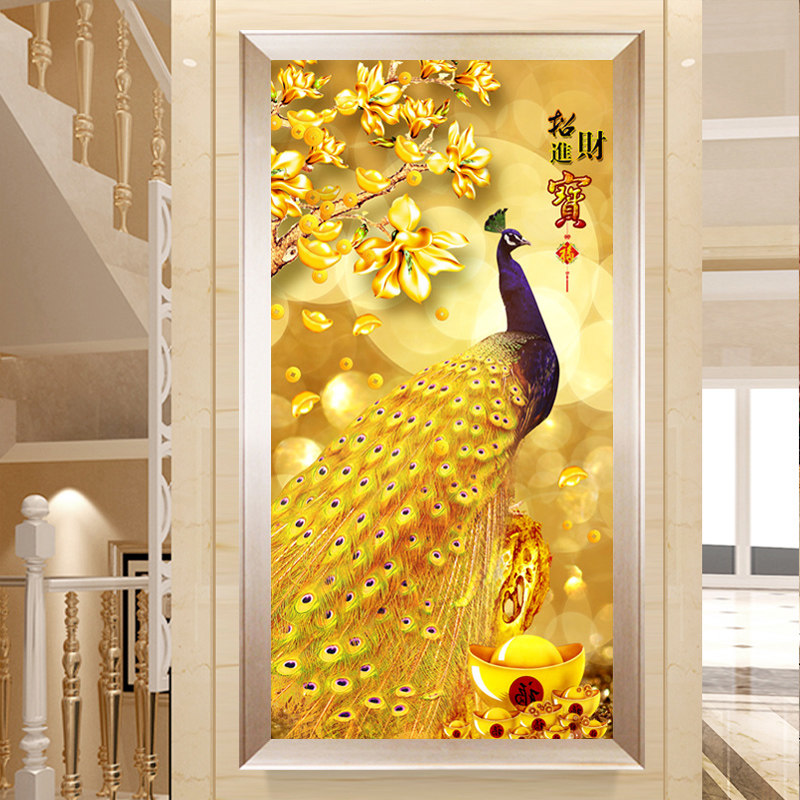 5d钻石画满钻招财进宝竖版玄关全贴钻十字绣2019新款客厅黄金孔雀