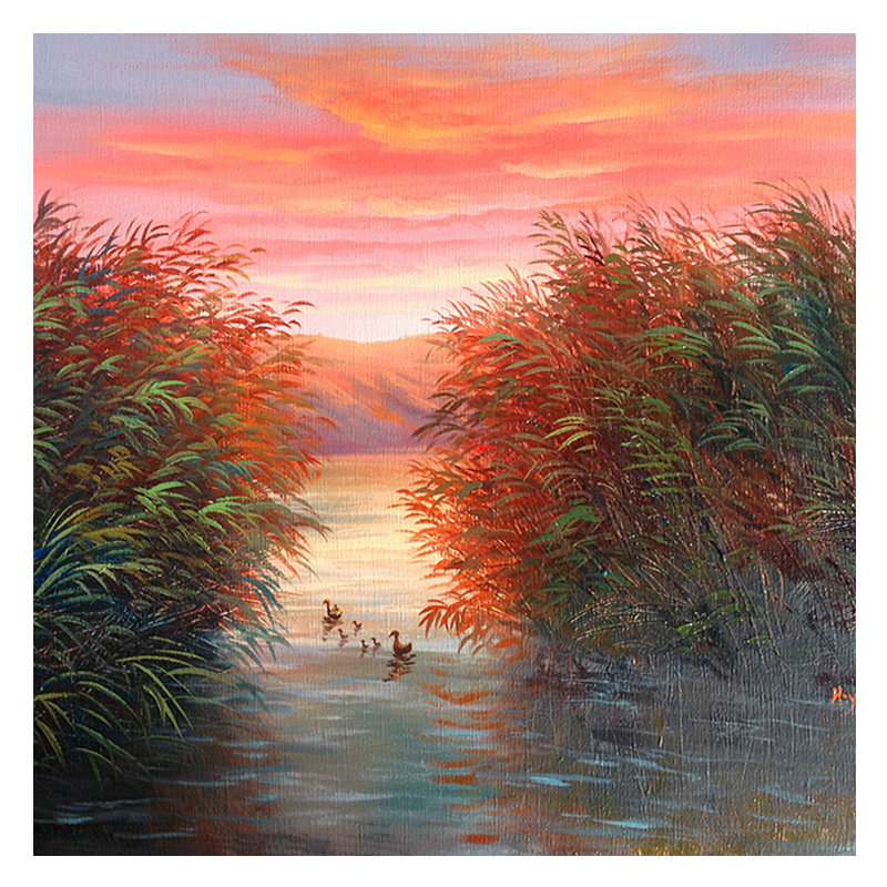 黄永祥《芦苇夕阳》 布面油画