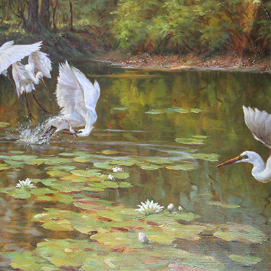 【即刻拍】黄学柱《白鹭戏白莲》巨幅布面油画